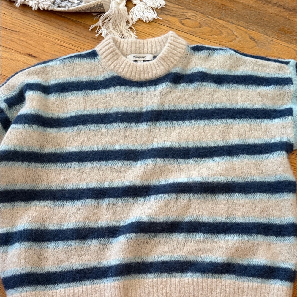 Madewell Cream and Navy Striped Crewneck Sweater